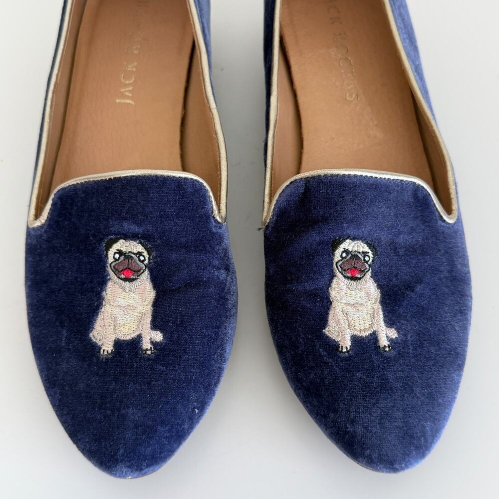 Jack Rogers Loafers Womens 9 Blue Velvet Pug Dog Embroidered Smoking Shoes Flats - Picture 9 of 11